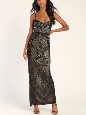 Moonlit Love Black Sequin Sheer Overlay Evening Gown Lulu’s